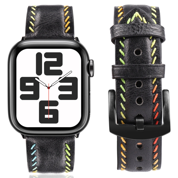 For Apple Watch Series 6 44mm Colorful Sewing Thread Leather Watch Band(Black) - Watch Bands by PMC TechLife | Online Shopping South Africa | PMC TechLife