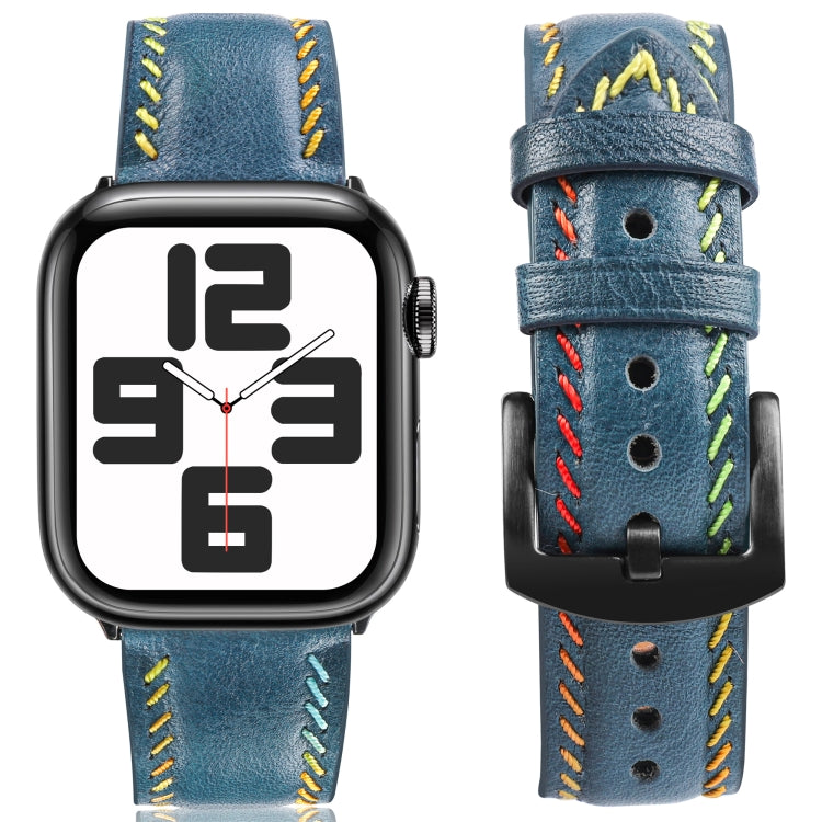 For Apple Watch Series 3 38mm Colorful Sewing Thread Leather Watch Band(Blue) - Watch Bands by PMC TechLife | Online Shopping South Africa | PMC TechLife