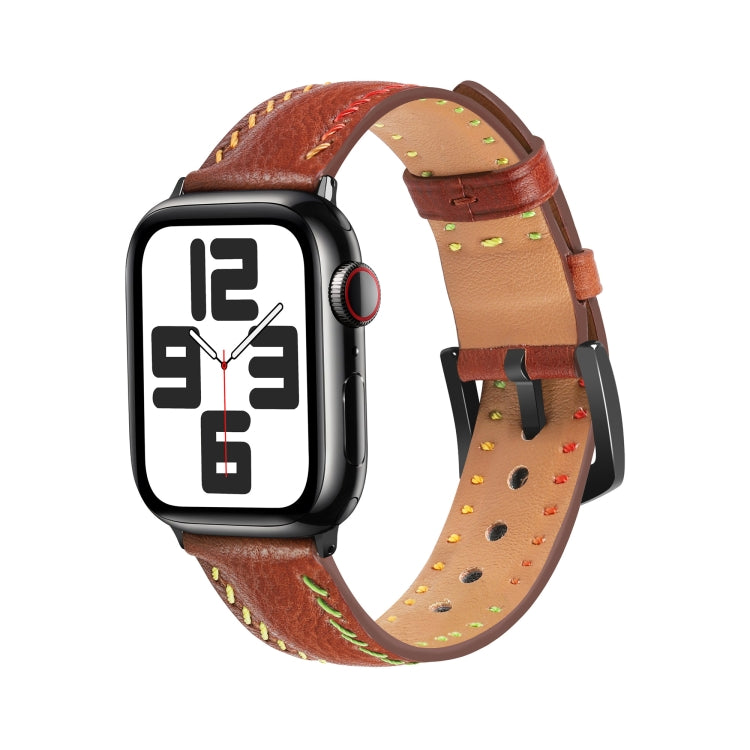 For Apple Watch Series 3 38mm Colorful Sewing Thread Leather Watch Band(Brown) - Watch Bands by PMC TechLife | Online Shopping South Africa | PMC TechLife