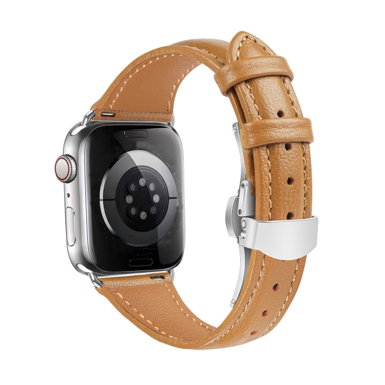 For Apple Watch SE 2023 44mm Plain Leather Butterfly Buckle Watch Band(Brown+Silver) - free shipping - PMC TechLife - Order now!