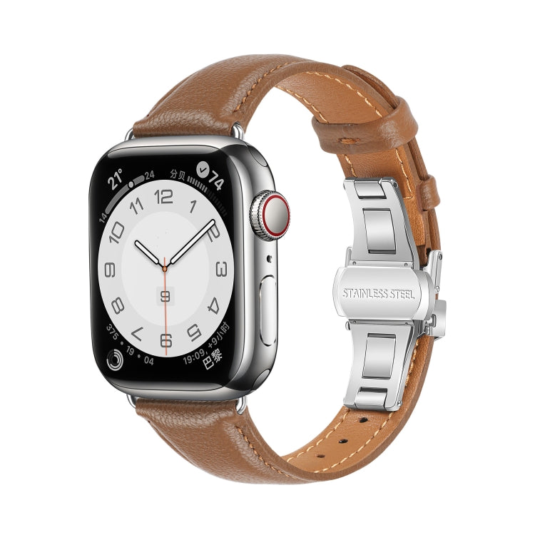 For Apple Watch Series 9 45mm Plain Leather Butterfly Buckle Watch Band(Dark Brown+Silver) - free shipping - PMC TechLife - Order now!