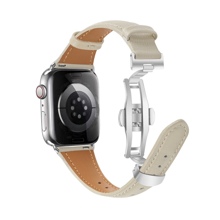 For Apple Watch SE 2022 44mm Plain Leather Butterfly Buckle Watch Band(Beige+Silver) - free shipping - PMC TechLife - Order now!
