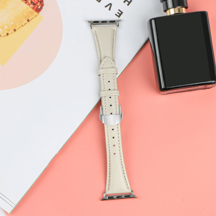 For Apple Watch Series 7 45mm Plain Leather Butterfly Buckle Watch Band(Beige+Silver) - free shipping - PMC TechLife - Order now!