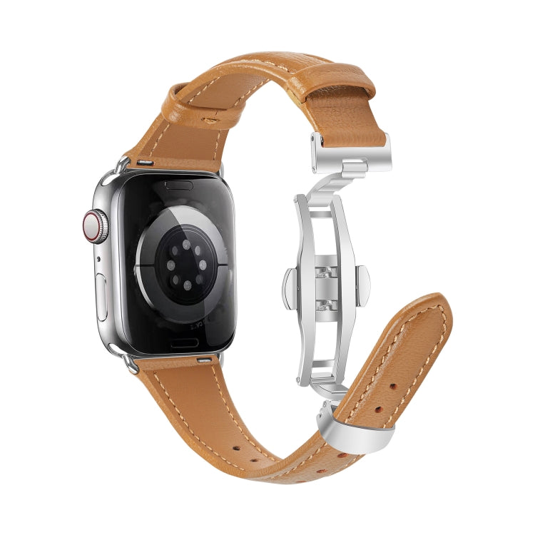 For Apple Watch Series 7 45mm Plain Leather Butterfly Buckle Watch Band(Brown+Silver) - free shipping - PMC TechLife - Order now!