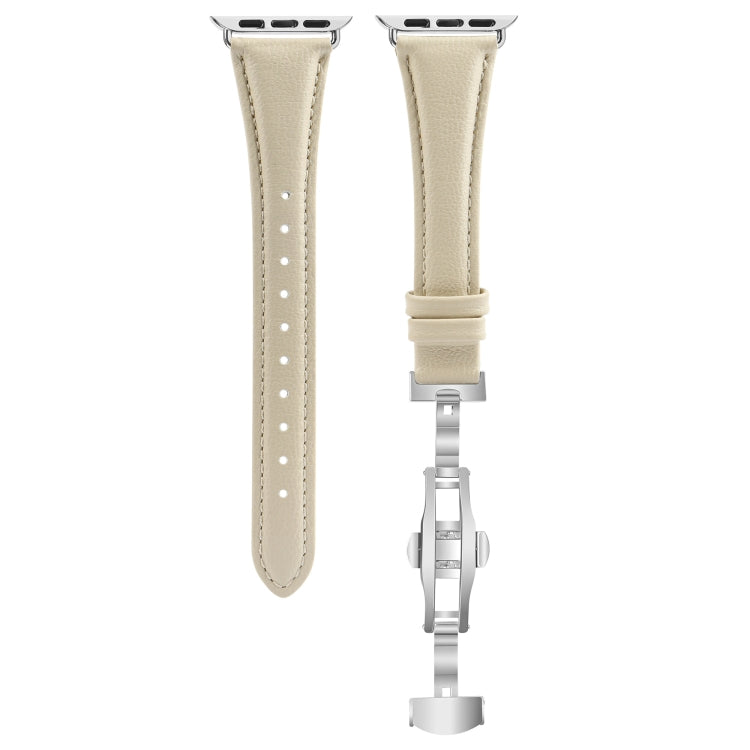 For Apple Watch Series 6 40mm Plain Leather Butterfly Buckle Watch Band(Beige+Silver) - free shipping - PMC TechLife - Order now!