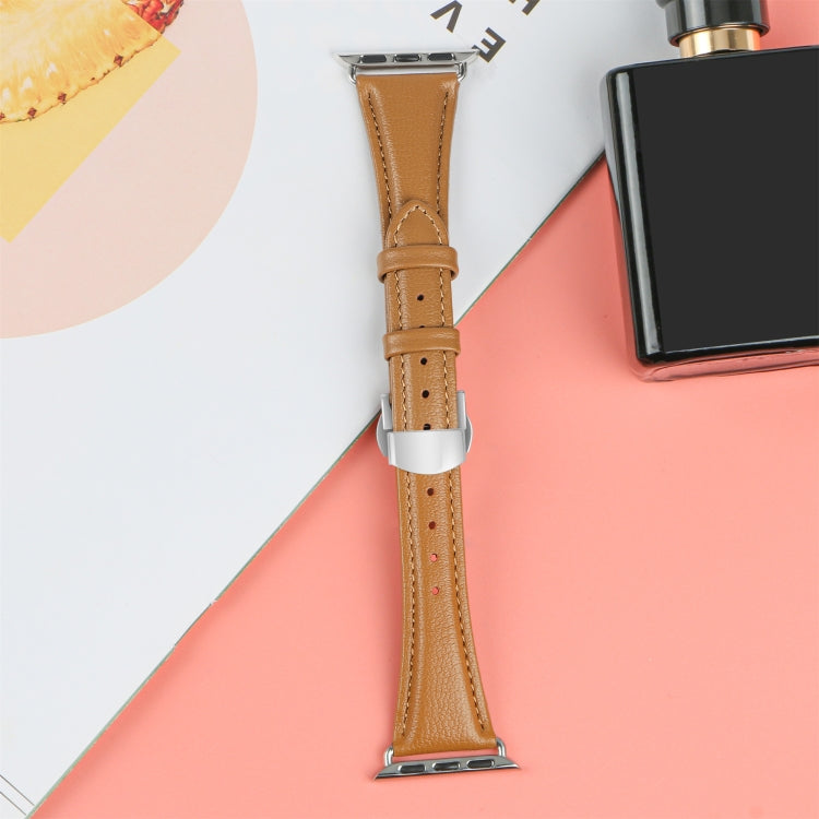 For Apple Watch Series 6 44mm Plain Leather Butterfly Buckle Watch Band(Brown+Silver) - free shipping - PMC TechLife - Order now!