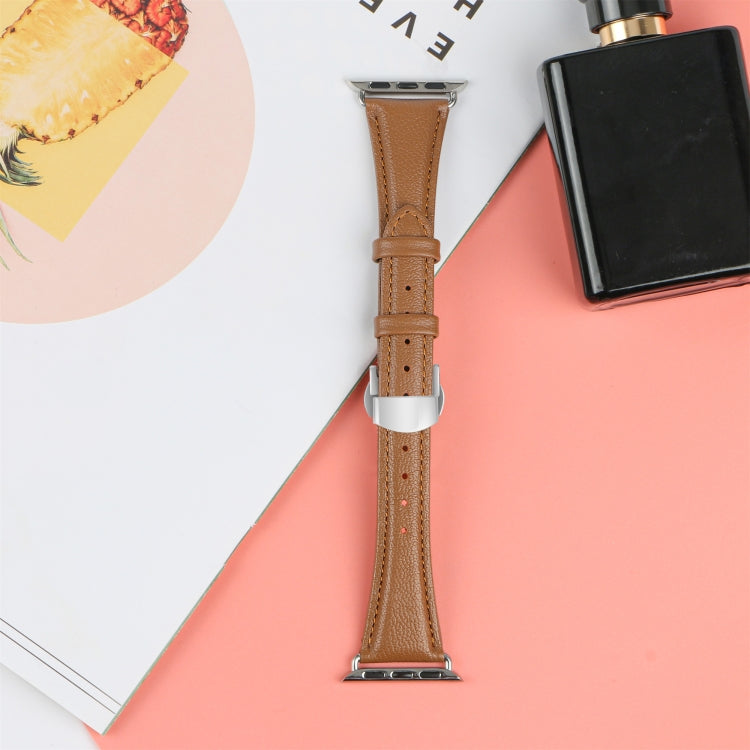 For Apple Watch Series 5 44mm Plain Leather Butterfly Buckle Watch Band(Dark Brown+Silver) - free shipping - PMC TechLife - Order now!