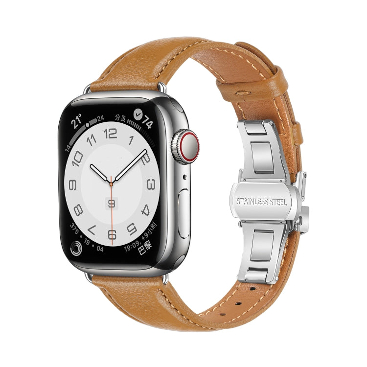 For Apple Watch Series 5 44mm Plain Leather Butterfly Buckle Watch Band(Brown+Silver) - free shipping - PMC TechLife - Order now!