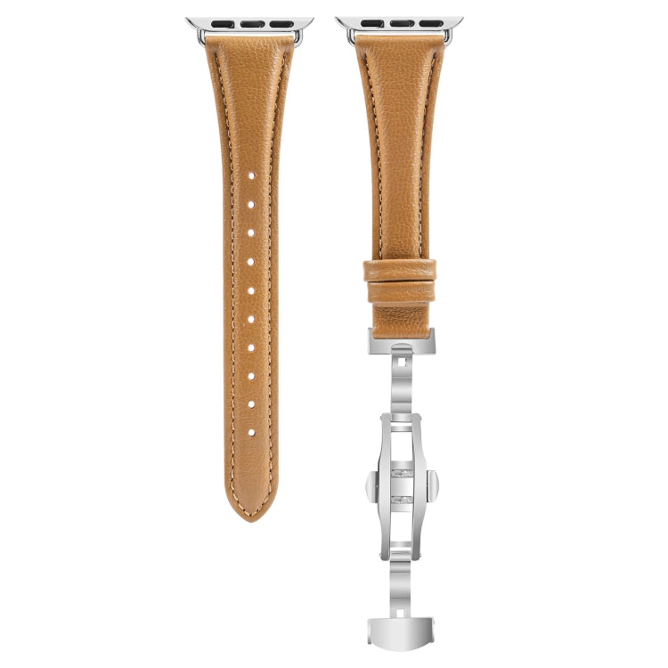 For Apple Watch Series 5 44mm Plain Leather Butterfly Buckle Watch Band(Brown+Silver) - free shipping - PMC TechLife - Order now!