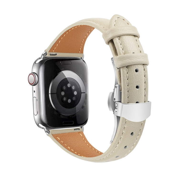 For Apple Watch Series 4 44mm Plain Leather Butterfly Buckle Watch Band(Beige+Silver) - free shipping - PMC TechLife - Order now!