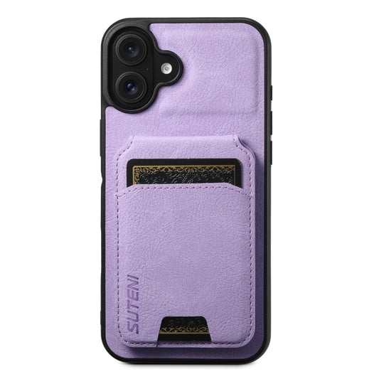 For iPhone 16 Suteni H02 Litchi Leather Card Wallet Stand Back Phone Case(Purple) - iPhone 16 Cases by Suteni | Online Shopping South Africa | PMC Jewellery | Buy Now Pay Later Mobicred