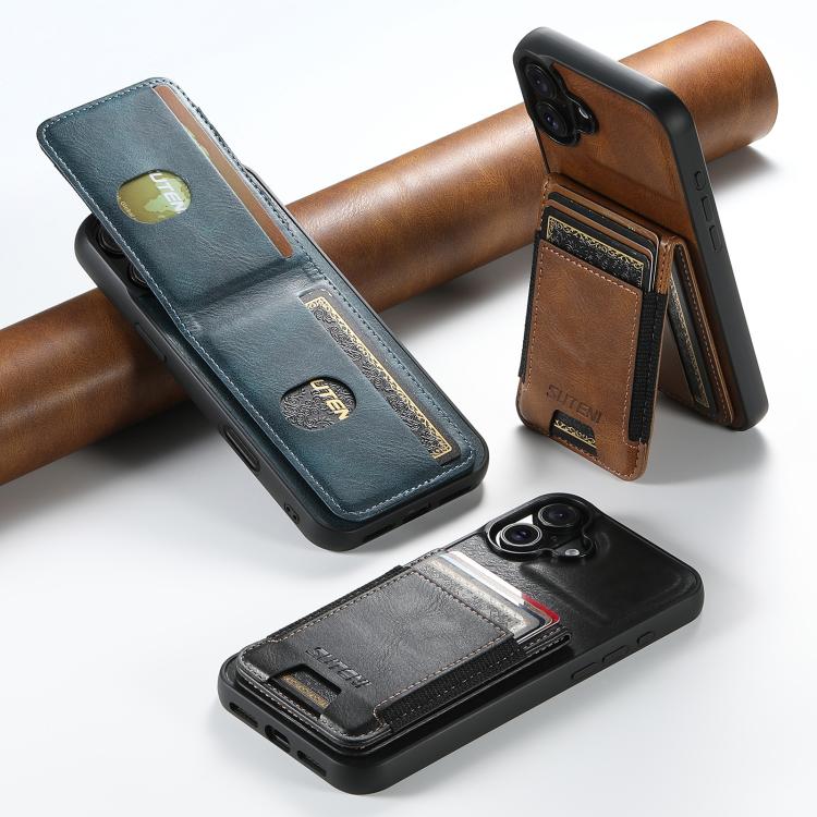 For iPhone 16 Plus Suteni H03 Oil Wax Leather Wallet Stand Back Phone Case(Black) - free shipping - PMC Jewellery - Order now!