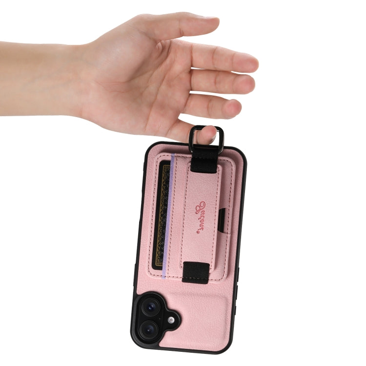 For iPhone 16 Plus Suteni H13 Litchi Leather Wrist Strap Wallet Back Phone Case(Pink) - iPhone 16 Plus Cases by Suteni | Online Shopping South Africa | PMC Jewellery | Buy Now Pay Later Mobicred