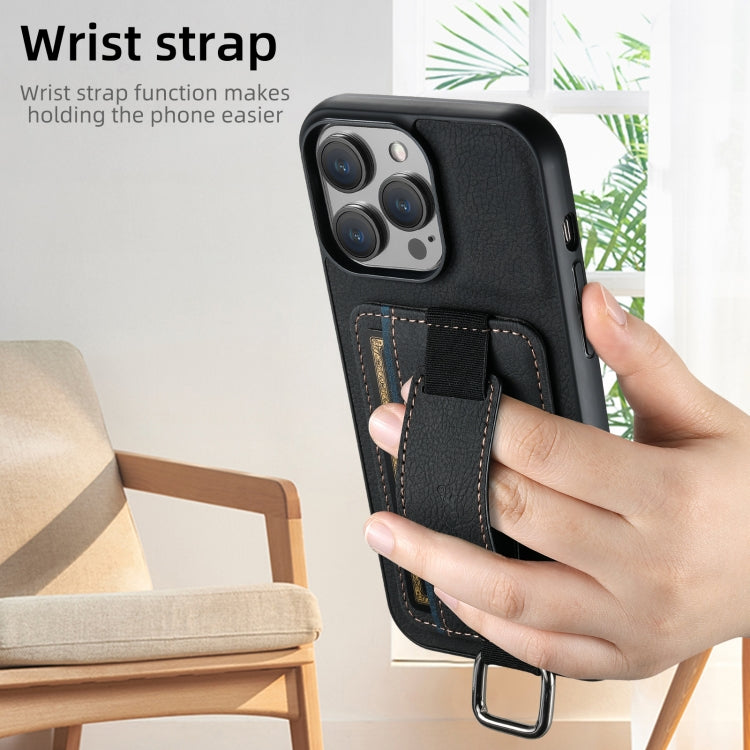 For iPhone 16 Pro Suteni H13 Litchi Leather Wrist Strap Wallet Back Phone Case(Black) - iPhone 16 Pro Cases by Suteni | Online Shopping South Africa | PMC Jewellery | Buy Now Pay Later Mobicred