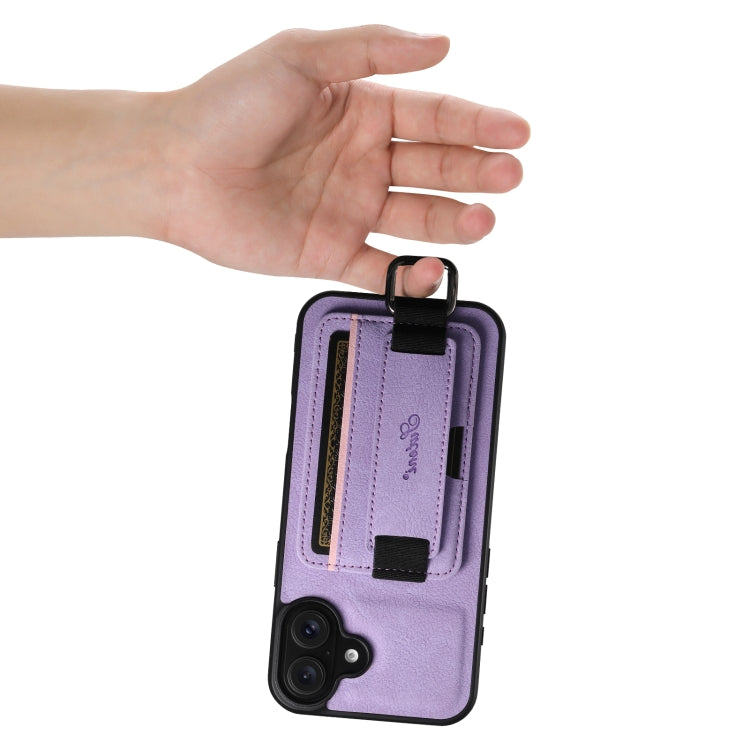 For iPhone 16 Suteni H13 Litchi Leather Wrist Strap Wallet Back Phone Case(Purple) - iPhone 16 Cases by Suteni | Online Shopping South Africa | PMC Jewellery | Buy Now Pay Later Mobicred