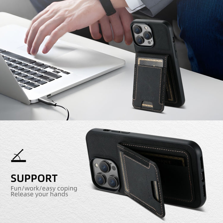 For iPhone 16 Pro Suteni H03 Litchi Leather Card Bag Stand Back Phone Case(Black) - free shipping - PMC Jewellery - Order now!