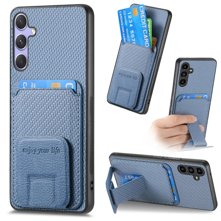 For Samsung Galaxy S25+ 5G Carbon Fiber Card Bag Fold Stand Phone Case(Blue) - Galaxy S25+ 5G Cases by PMC Jewellery | Online Shopping South Africa | PMC Jewellery | Buy Now Pay Later Mobicred