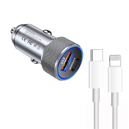 P19 Metal PD20W USB-C + QC18W USB Car Charger with Type-C to 8 Pin Date Cable(Silver Gray) - Car Charger by PMC Jewellery | Online Shopping South Africa | PMC Jewellery | Buy Now Pay Later Mobicred