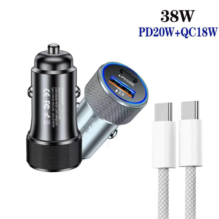 P19 Metal PD20W USB-C + QC18W USB Car Charger with USB-C to USB-C Date Cable for iPhone 15 series(Silver Gray) - Car Charger by PMC Jewellery | Online Shopping South Africa | PMC Jewellery | Buy Now Pay Later Mobicred