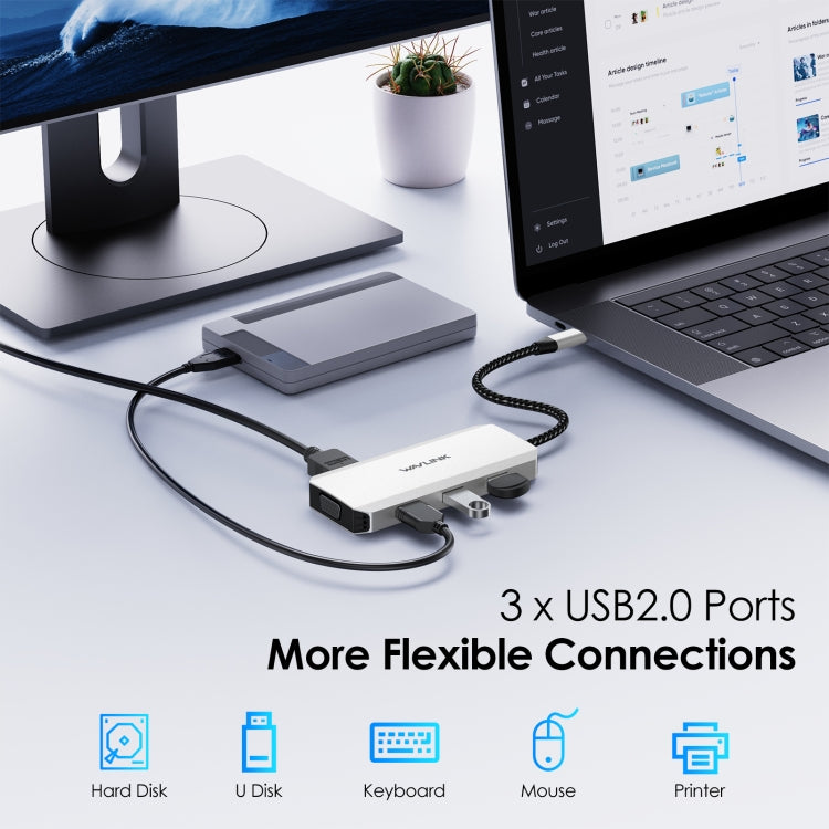 WAVLINK WL-UMD307 Type-C to 2DP + 4K HD + VGA + 3 x USB2.0 HUB Docking Station - free shipping - PMC Jewellery - Order now!
