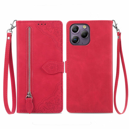 For Blackview A96 Embossed Flower Zipper Leather Phone Case(Red) - More Brand by PMC Jewellery | Online Shopping South Africa | PMC Jewellery