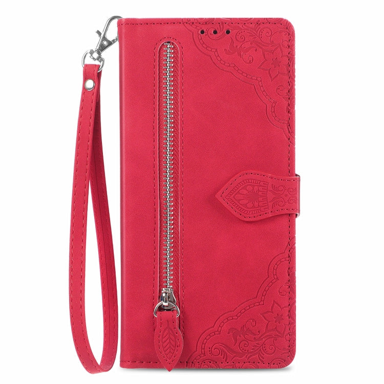 For Blackview A96 Embossed Flower Zipper Leather Phone Case(Red) - More Brand by PMC Jewellery | Online Shopping South Africa | PMC Jewellery