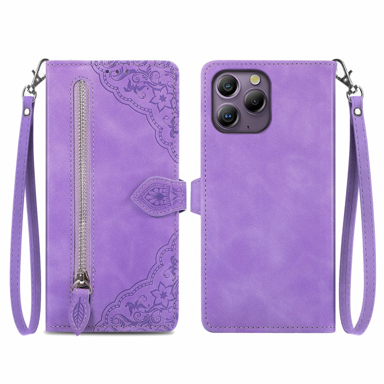 For Blackview A96 Embossed Flower Zipper Leather Phone Case(Purple) - More Brand by PMC Jewellery | Online Shopping South Africa | PMC Jewellery