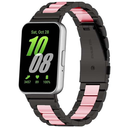 For Samsung Galaxy Fit 3 SM-R390 Three Bead Stainless Steel Metal Watch Band(Black+Pink) - Watch Bands by PMC Jewellery | Online Shopping South Africa | PMC Jewellery