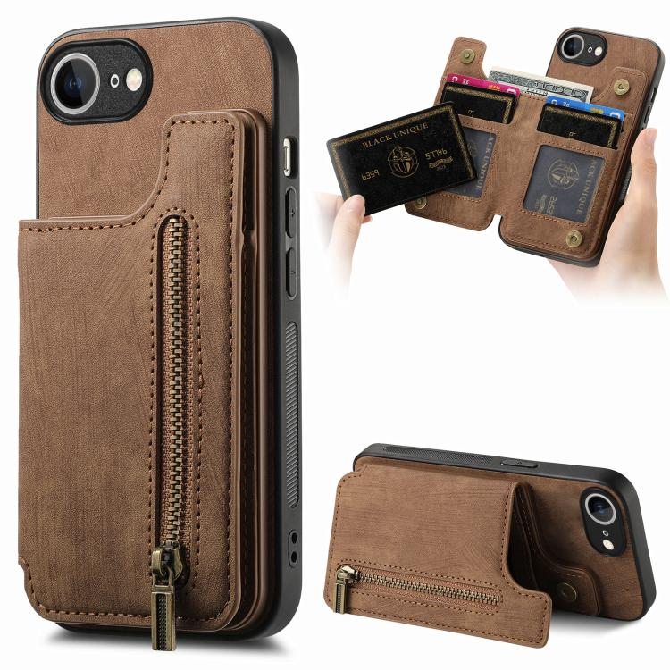 For iPhone 16e Retro Leather Zipper Wallet Back Phone Case(Brown) - iPhone 16e Cases by PMC TechLife | Online Shopping South Africa | PMC TechLife | Buy Now Pay Later Mobicred