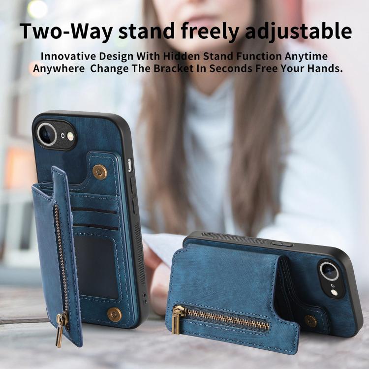 For iPhone 16e Retro Leather Zipper Wallet Back Phone Case(Blue) - iPhone 16e Cases by PMC TechLife | Online Shopping South Africa | PMC TechLife | Buy Now Pay Later Mobicred