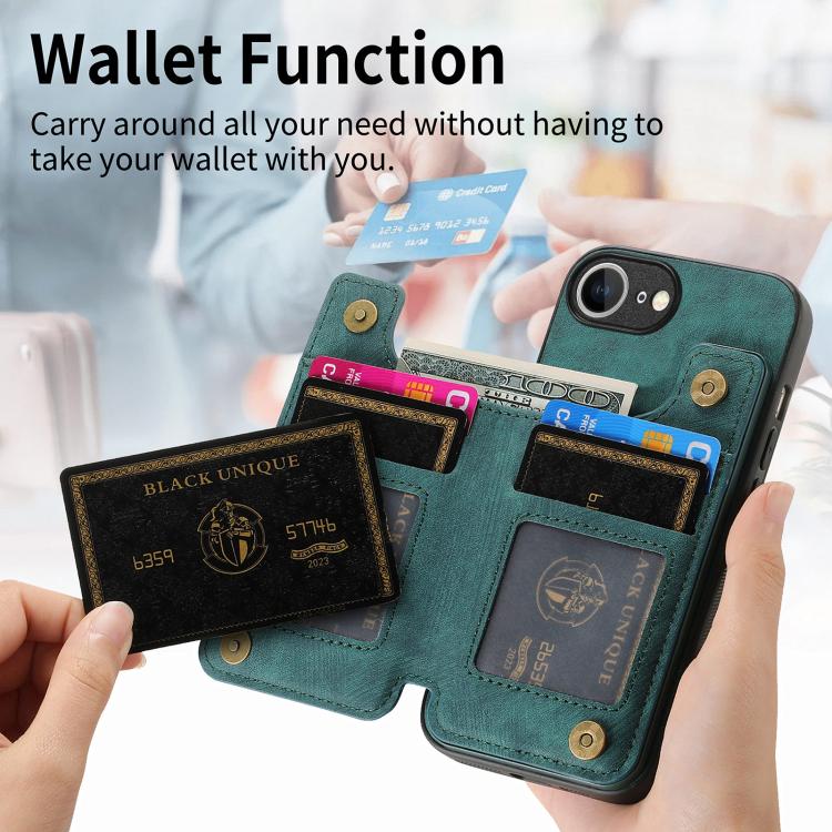 For iPhone 16e Retro Leather Zipper Wallet Back Phone Case(Green) - iPhone 16e Cases by PMC TechLife | Online Shopping South Africa | PMC TechLife | Buy Now Pay Later Mobicred