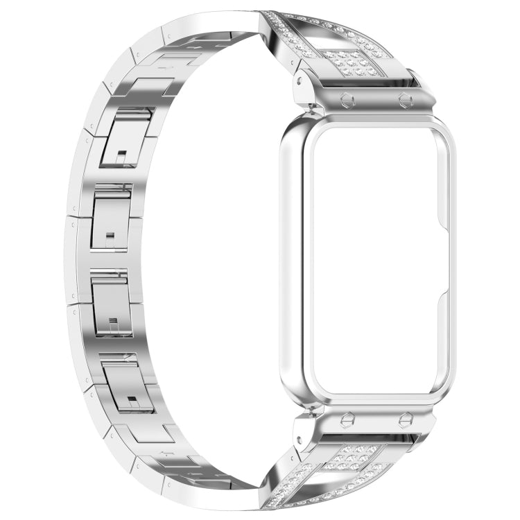 For Samsung Galaxy Fit 3 X Shaped Dual Row Diamond Metal Frame Watch Band(Silver) - Watch Bands by PMC Jewellery | Online Shopping South Africa | PMC Jewellery