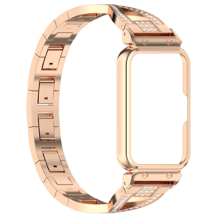 For Samsung Galaxy Fit 3 X Shaped Dual Row Diamond Metal Frame Watch Band(Rose Gold) - Watch Bands by PMC Jewellery | Online Shopping South Africa | PMC Jewellery