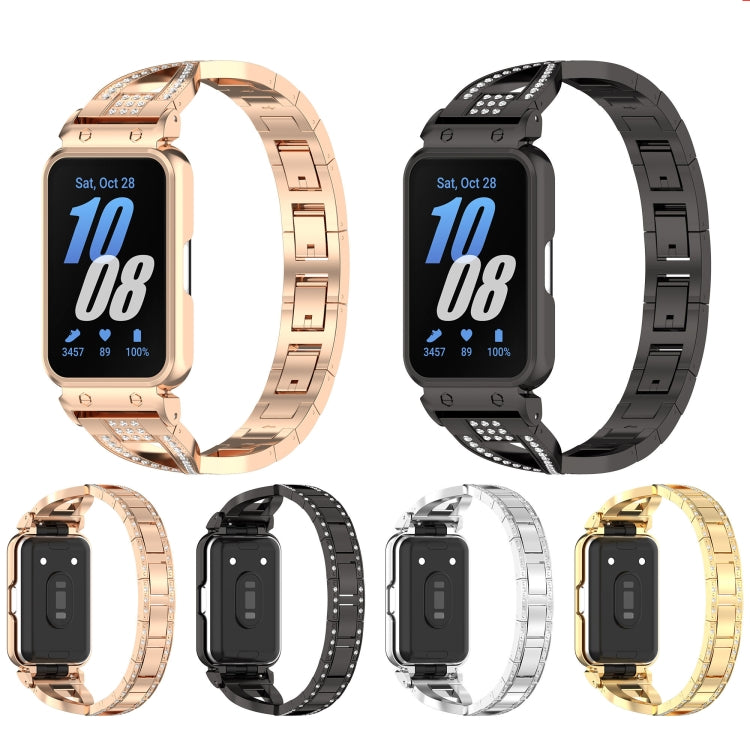 For Samsung Galaxy Fit 3 X Shaped Dual Row Diamond Metal Frame Watch Band(Rose Gold) - Watch Bands by PMC Jewellery | Online Shopping South Africa | PMC Jewellery