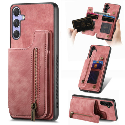 For Samsung Galaxy S25 5G Retro Leather Zipper Wallet Back Phone Case(Pink) - Galaxy S25 5G Cases by PMC Jewellery | Online Shopping South Africa | PMC Jewellery | Buy Now Pay Later Mobicred