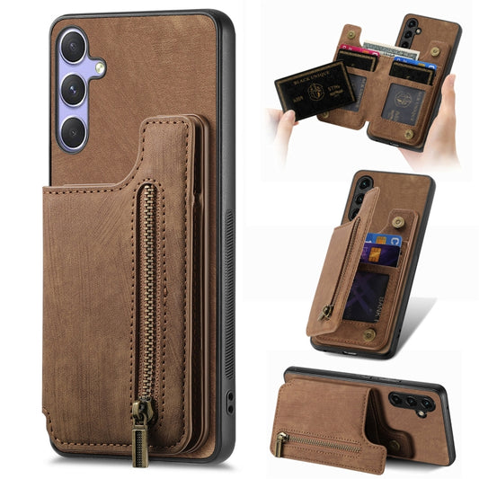 For Samsung Galaxy S25 5G Retro Leather Zipper Wallet Back Phone Case(Brown) - Galaxy S25 5G Cases by PMC Jewellery | Online Shopping South Africa | PMC Jewellery | Buy Now Pay Later Mobicred