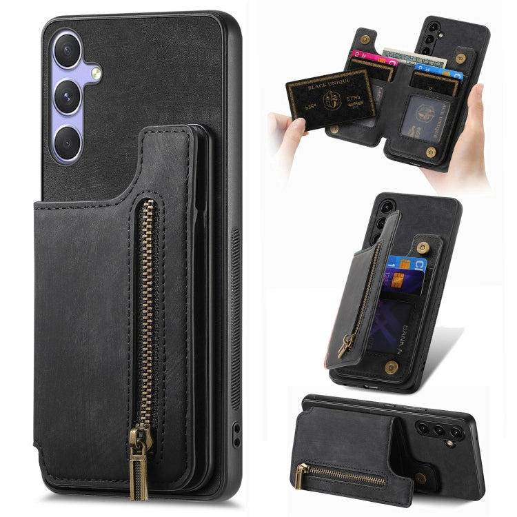 For Samsung Galaxy S25+ 5G Retro Leather Zipper Wallet Back Phone Case(Black) - Galaxy S25+ 5G Cases by PMC Jewellery | Online Shopping South Africa | PMC Jewellery | Buy Now Pay Later Mobicred