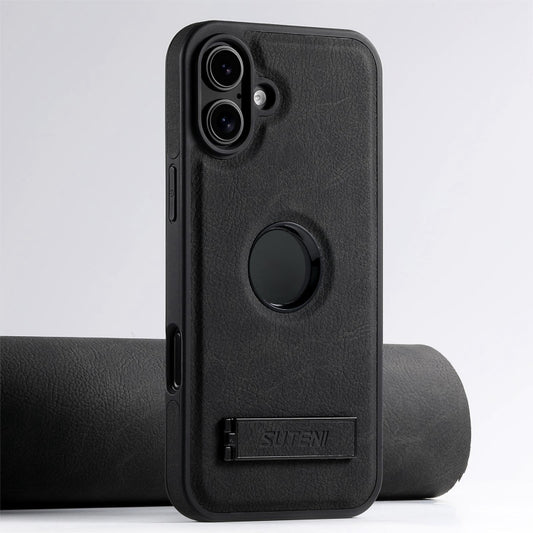 For iPhone 16 Suteni G2 Magsafe Litchi Texture Leather Back Phone Case with Holder(Black) - iPhone 16 Cases by Suteni | Online Shopping South Africa | PMC Jewellery | Buy Now Pay Later Mobicred