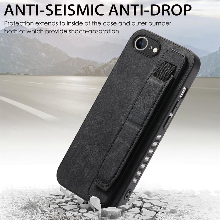 For iPhone 16e Retro Wristband Holder Leather Back Phone Case(Black) - iPhone 16e Cases by PMC TechLife | Online Shopping South Africa | PMC TechLife | Buy Now Pay Later Mobicred