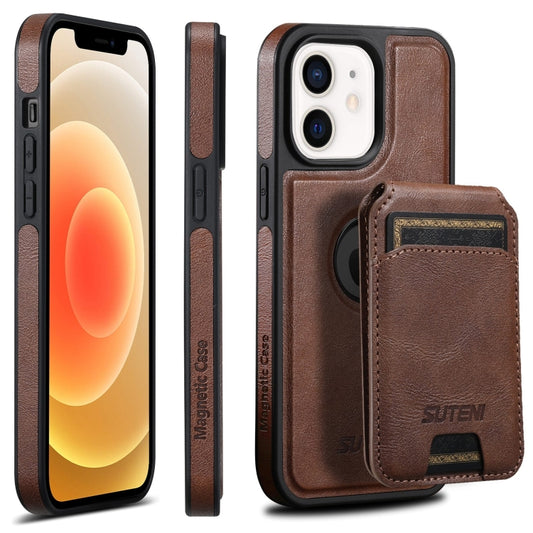 For iPhone 12  Suteni M2 Oil Wax MagSafe Horizontal Card Bag Phone Case(Brown) - iPhone 12 / 12 Pro Cases by Suteni | Online Shopping South Africa | PMC Jewellery | Buy Now Pay Later Mobicred