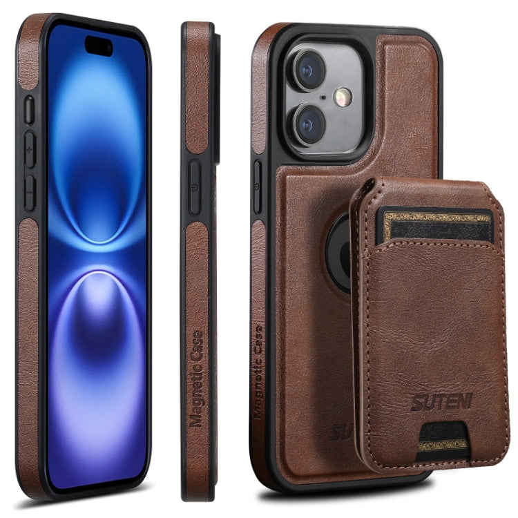 For iPhone 16 Plus Suteni M2 Oil Wax MagSafe Horizontal Card Bag Phone Case(Brown) - iPhone 16 Plus Cases by Suteni | Online Shopping South Africa | PMC Jewellery | Buy Now Pay Later Mobicred