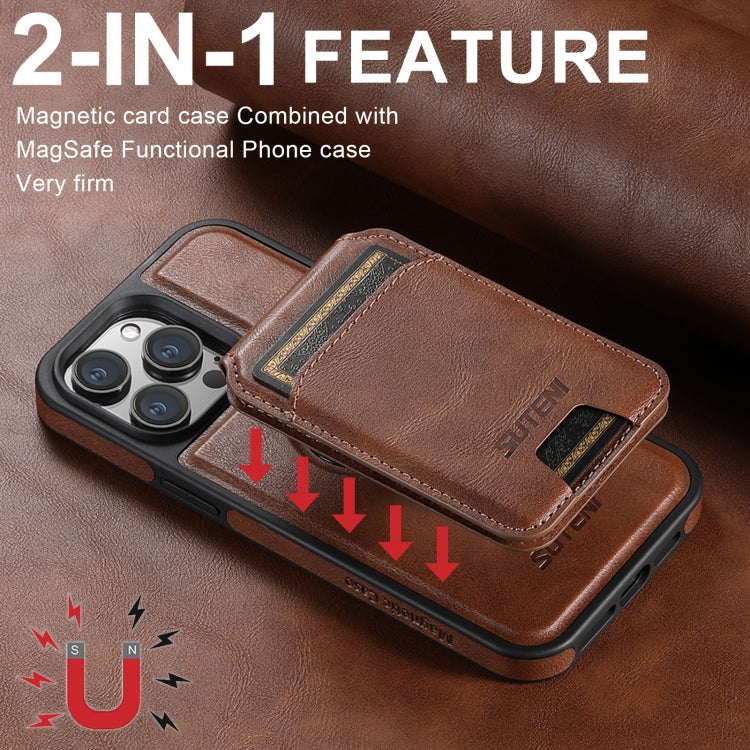 For iPhone 16 Plus Suteni M2 Oil Wax MagSafe Horizontal Card Bag Phone Case(Brown) - iPhone 16 Plus Cases by Suteni | Online Shopping South Africa | PMC Jewellery | Buy Now Pay Later Mobicred