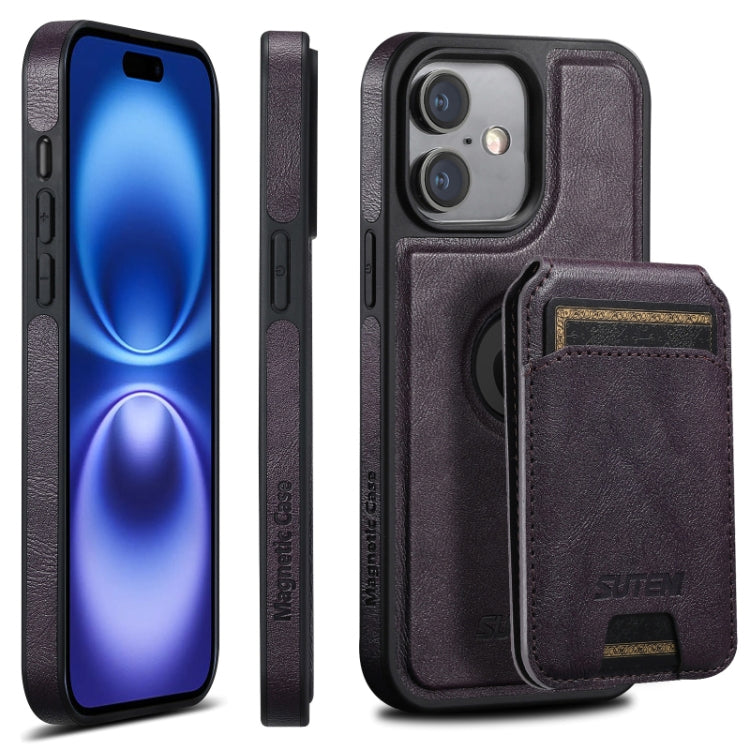 For iPhone 16 Plus Suteni M2 Oil Wax MagSafe Horizontal Card Bag Phone Case(Purple) - iPhone 16 Plus Cases by Suteni | Online Shopping South Africa | PMC Jewellery | Buy Now Pay Later Mobicred