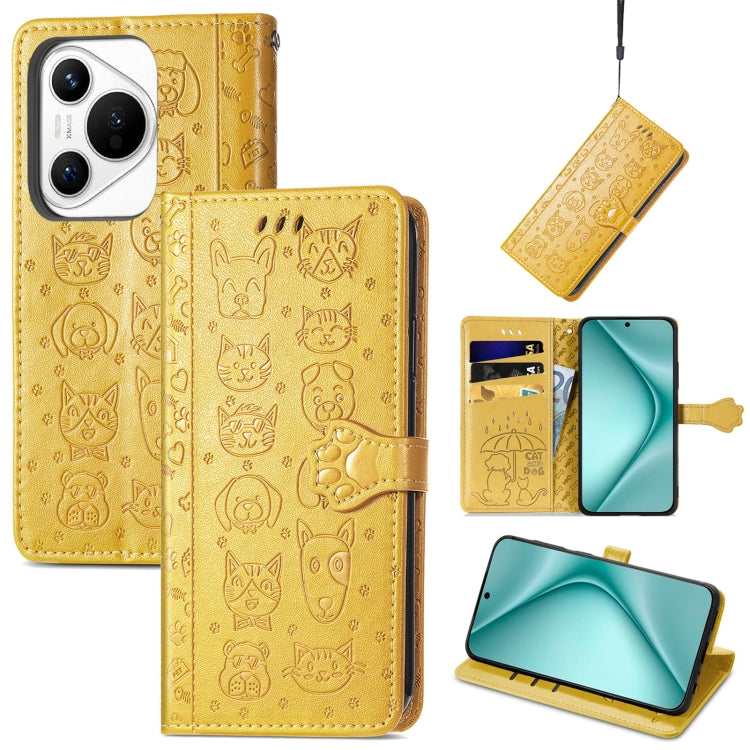 For Huawei Pura 70 Pro Cat and Dog Embossed Leather Phone Case(Yellow) - Huawei Cases by PMC Jewellery | Online Shopping South Africa | PMC Jewellery | Buy Now Pay Later Mobicred