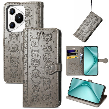 For Huawei Pura 70 Pro Cat and Dog Embossed Leather Phone Case(Gray) - Huawei Cases by PMC Jewellery | Online Shopping South Africa | PMC Jewellery | Buy Now Pay Later Mobicred