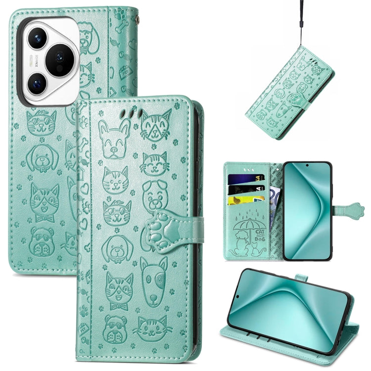 For Huawei Pura 70 Pro+ Cat and Dog Embossed Leather Phone Case(Green) - Huawei Cases by PMC Jewellery | Online Shopping South Africa | PMC Jewellery | Buy Now Pay Later Mobicred