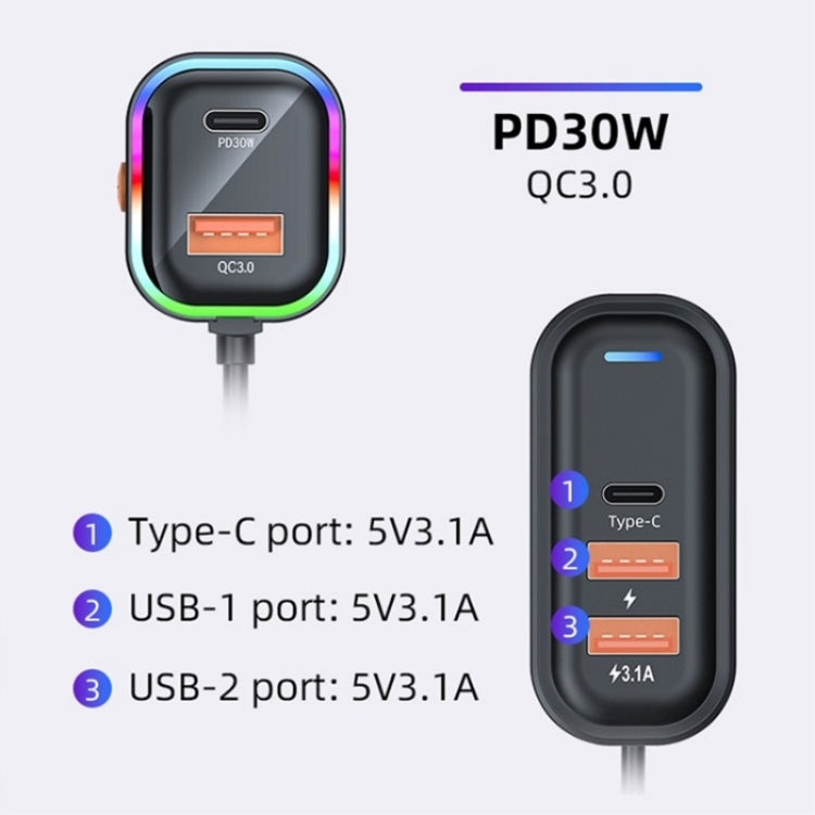 K5 3 USB Fast Charging Car Charger 66W Extension Cord Design 5 Ports Charging Adapter - Car Charger by PMC Jewellery | Online Shopping South Africa | PMC Jewellery | Buy Now Pay Later Mobicred