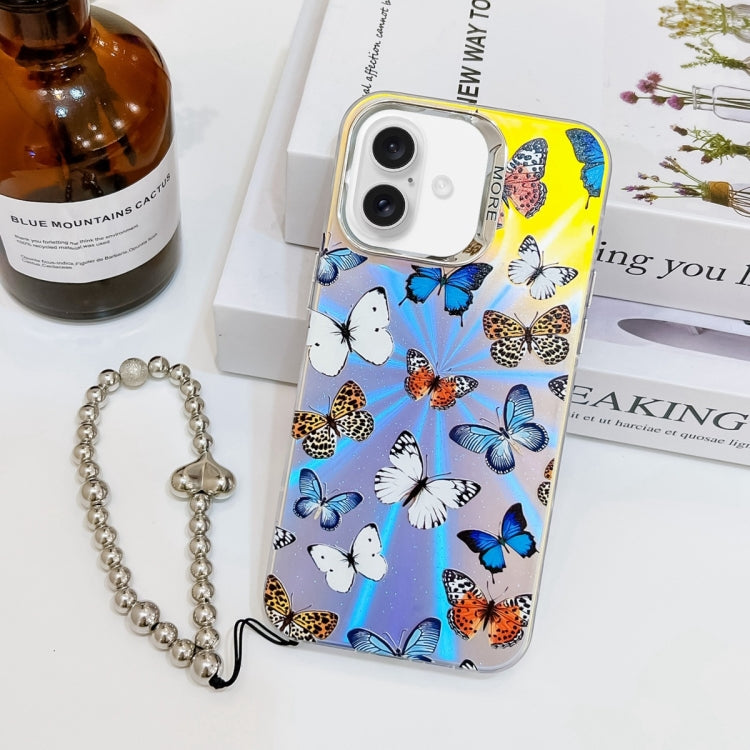 For iPhone 16 Electroplating Laser Butterfly Phone Case with Wrist Strap(Color Butterflies AB1) - iPhone 16 Cases by PMC TechLife | Online Shopping South Africa | PMC TechLife | Buy Now Pay Later Mobicred