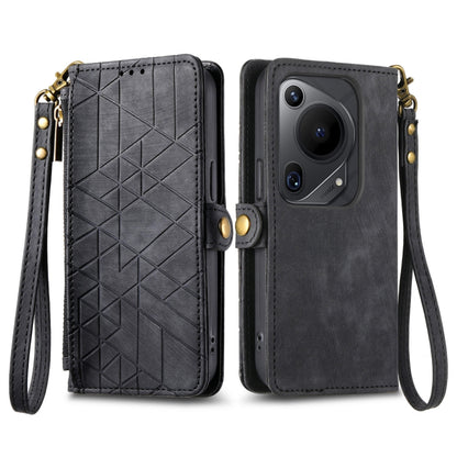 For Huawei Pura 70 Ultra Geometric Zipper Wallet Side Buckle Leather Phone Case(Black) - Huawei Cases by PMC Jewellery | Online Shopping South Africa | PMC Jewellery | Buy Now Pay Later Mobicred