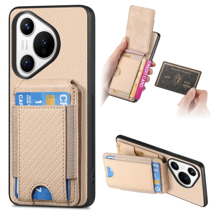 For Huawei Pura 70 Pro+ Carbon Fiber Vertical Flip Wallet Stand Phone Case(Khaki) - Huawei Cases by PMC Jewellery | Online Shopping South Africa | PMC Jewellery | Buy Now Pay Later Mobicred